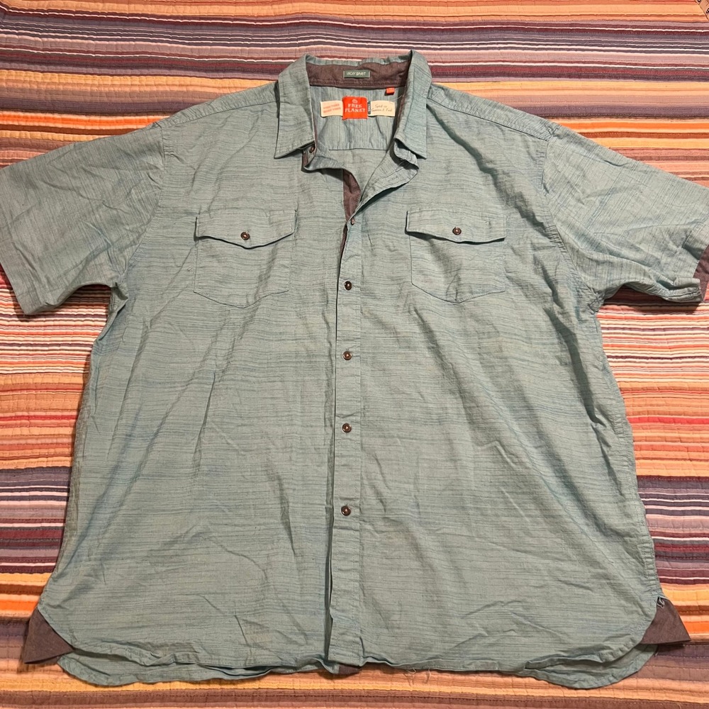 Free Planet Mens Short Sleeve Button Up Shirt Blue Heathered Size 3X